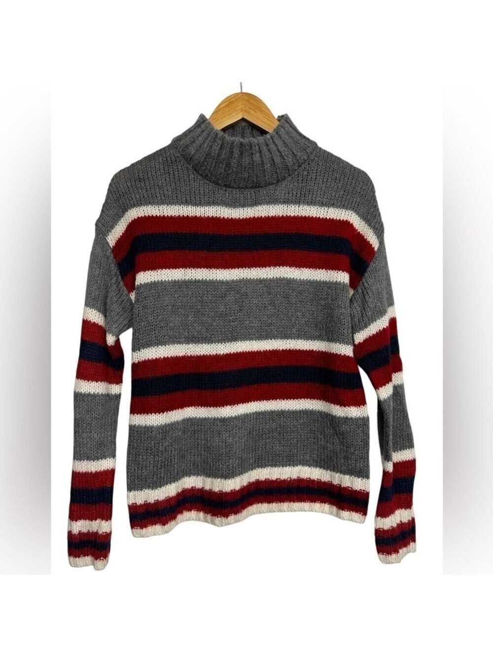 Kismet Striped Knit Mock Neck Sweater - Medium Red Grey Navy White Cozy